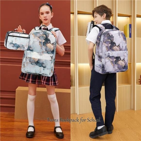 Backpacks for Girls, Marble Girls Backpack with Lunch Box Kids School - Picture 4 of 8